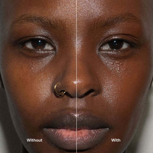 Side-by-side comparison showing less skin oil and shine on the right side, labeled with 'Without' and 'With' titles.