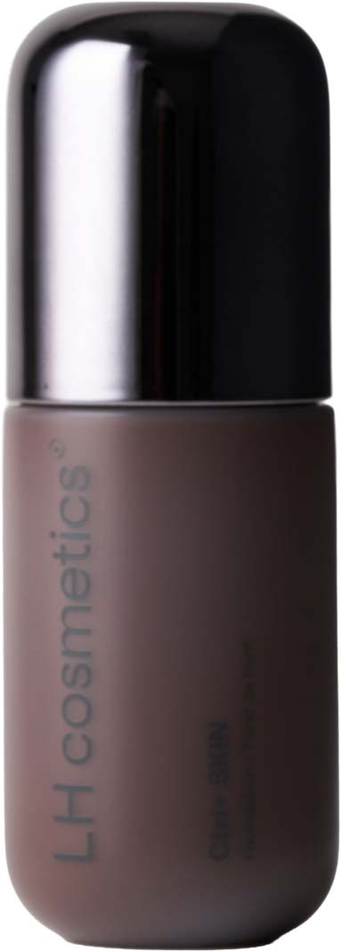 A gray cylindrical bottle with a shiny black cap and light blue text that reads LH cosmetics.