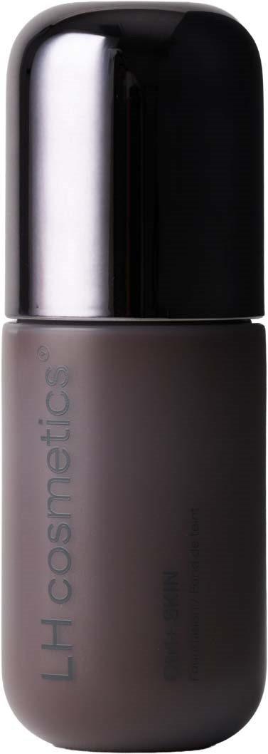 A grey, cylindrical skincare bottle with a shiny black cap, labeled LH Cosmetics.