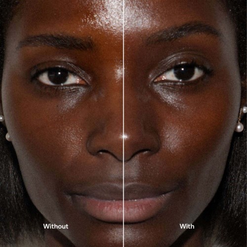 Side-by-side photo showing a woman's face before and after skincare or makeup application, highlighting skin improvements.