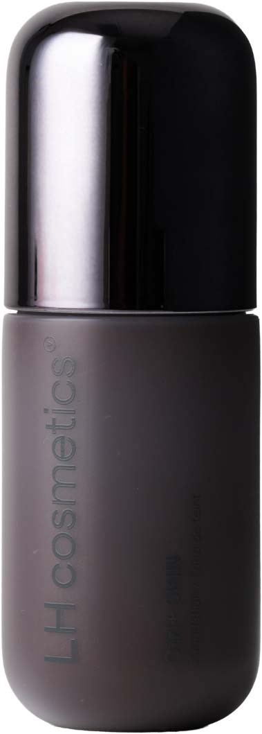A black and gray bottle with a shiny black cap, labeled LH Cosmetics.