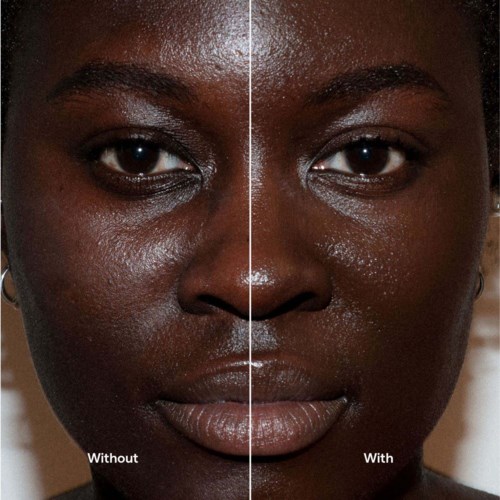Comparison of a woman's face showing skin before and after using a skincare product, labeled without and with.