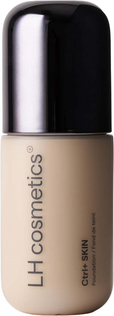 A beige liquid foundation with a black cap, labeled LH Cosmetics, Curl + Skin.