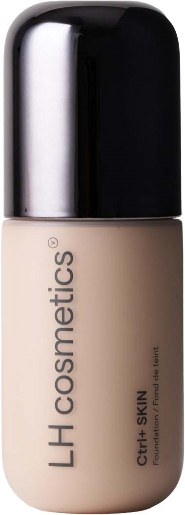 A bottle of LH Cosmetics CC+ Skin foundation with a black cap and beige body.