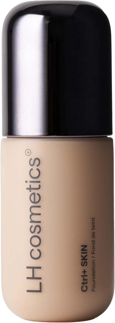 A bottle of liquid foundation with a black cap and beige container, labeled LH cosmetics and Cert Skin.