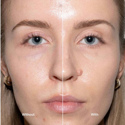 Split image showing a woman's face, left side without makeup, right side with makeup applied.