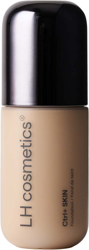 A beige foundation bottle with a black cap and the text LH Cosmetics and True Skin on the label.