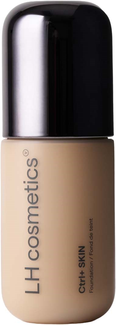 Bottle of liquid foundation with black cap, labeled LH cosmetics, for different skin tones.