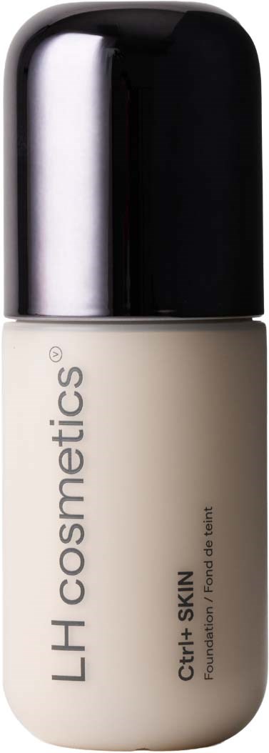 A bottle of LH Cosmetics foundation with a black cap and beige body showing product name and details.