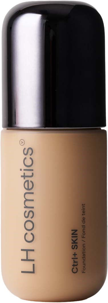 A bottle of foundation with a black cap and beige body, labeled LH Cosmetics and for sensitive skin.