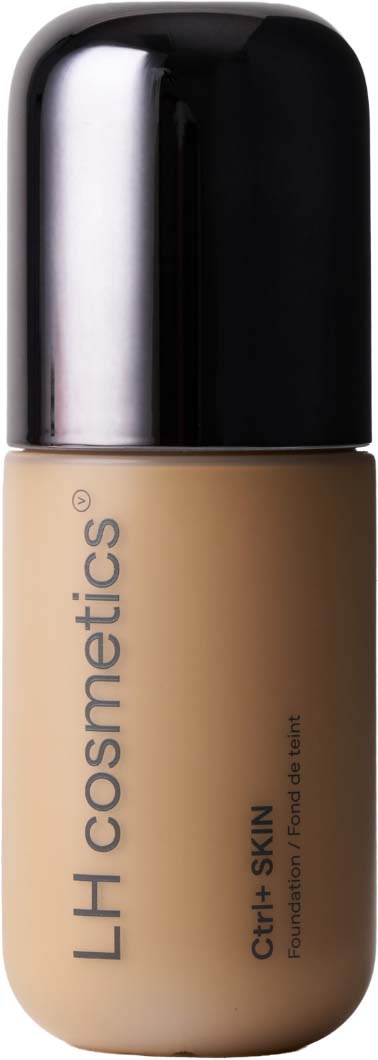 A beige bottle of foundation with a black cap, labeled LH cosmetics and camera-ready skin, on a white background.