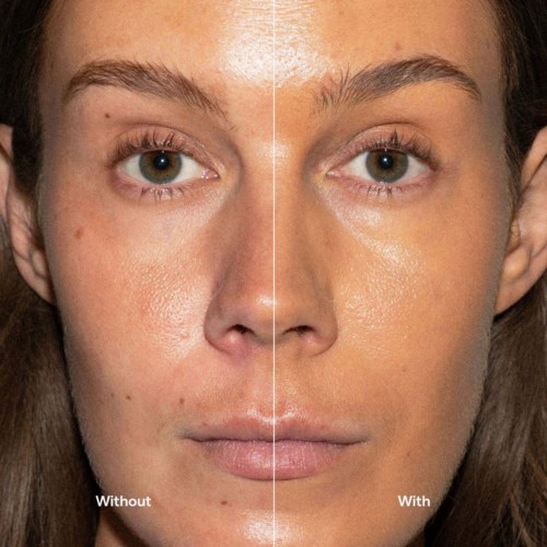 Split image showing a woman's face before and after applying skincare for smoother skin and improved texture.