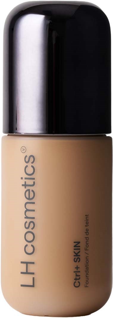 A beige foundation bottle with a black cap and text LH cosmetics, Calm Skin, on a white background.