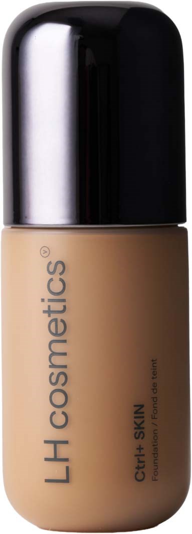 A foundation bottle with a beige liquid and a black cap from LH Cosmetics for fair skin.