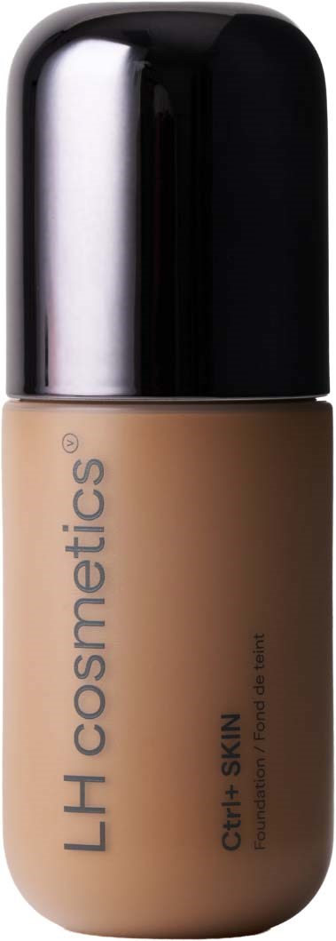 A bottle of liquid foundation with a black cap and beige base, labeled LH Cosmetics True Skin.