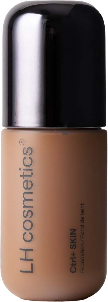 Bottle of foundation with black cap and beige label, showing the brand LH cosmetics and skin type suitable for oily skin.