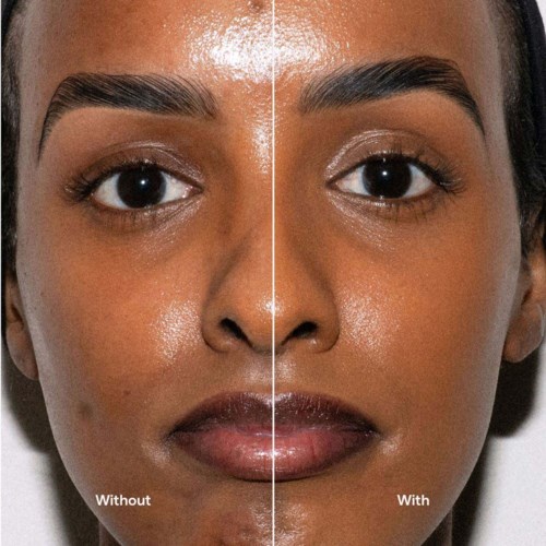 Close-up of a woman's face showing the effects of skincare, with labels 'Without' and 'With' on each side.