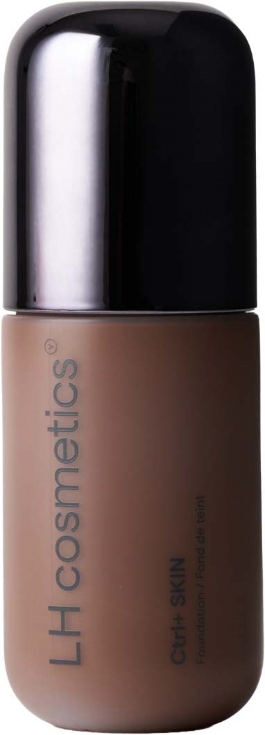 A brown bottle with a black cap, labeled LH cosmetics, for face skin with a minimalist design.