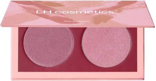 A pink eyeshadow duo palette with two large circular pans of shimmery pink and purple eyeshadows.