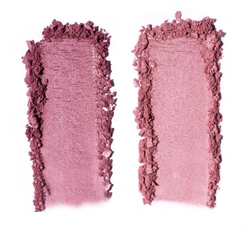 Two pink eyeshadow swatches, one more crushed and textured, the other smoother and more even.