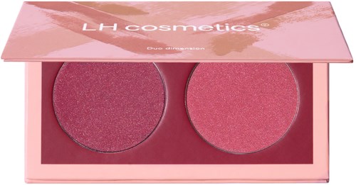 Rosa Rouge-Palette mit zwei schimmernden Tönen in einer rosa Schachtel von L.H cosmetics.