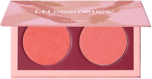 Rote Make-up-Palette mit zwei peachfarbenen Rouge oder Lidschatten.