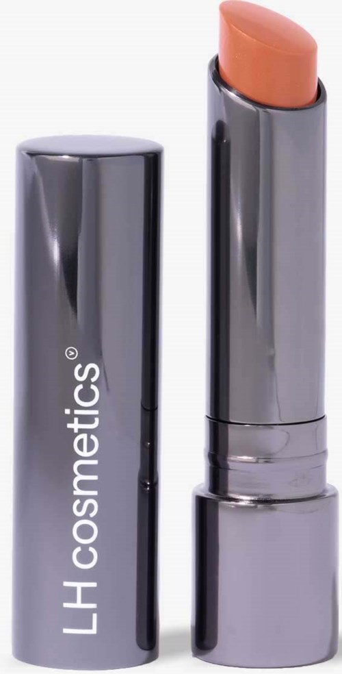 Ein Lippenstift mit peachfarbener Farbe, silberner Kapsel, und 'LH COSMETICS' aufgedruckt.