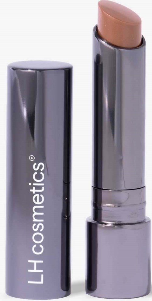Ein Lippenstift in silberner Verpackung mit LH Cosmetics-Logo, ohne Deckel, zeigt nude-Lippenstift.