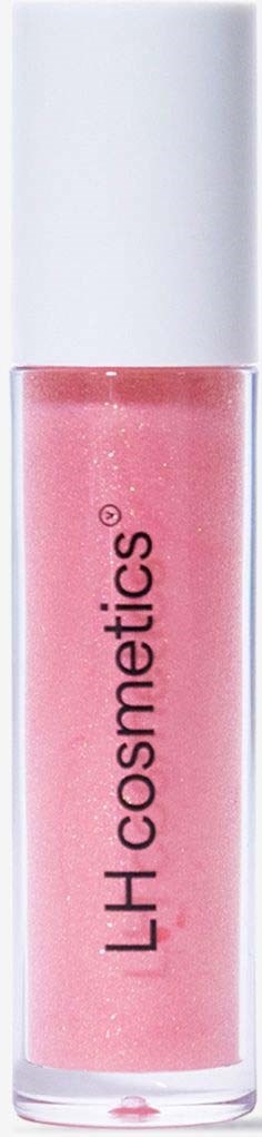 Rosa Lipgloss in durchsichtigem Behälter mit weißem Deckel, beschriftet 'LH cosmetics'.