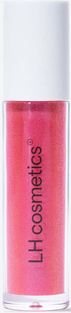 Rosa Lipgloss in durchsichtigem Behälter mit weißem Deckel, beschriftet 'LH cosmetics'.