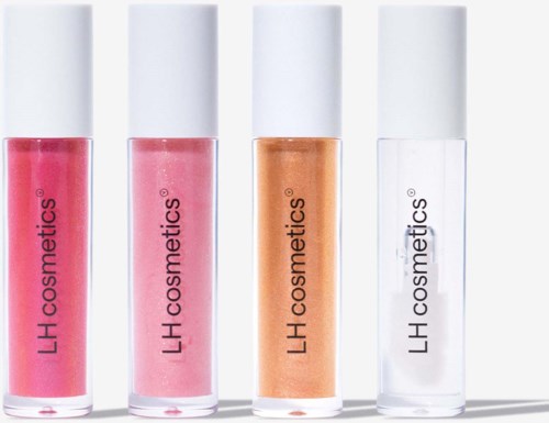 Vier Lipgloss-Flaschen in verschiedenen Farben, alle mit "LH cosmetics" beschriftet und weißen Deckeln.
