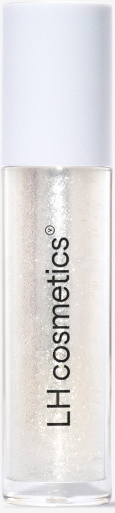 Eine klare Kosmetikflasche mit weißem Deckel und schwarzem Text 'LH cosmetics' hängt vertikal.