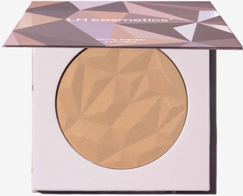 Ein runder Puder-Make-up mit geometrischem Muster in einem weißen Gehäuse mit halb geöffnetem pastellfarbenem geometrischem Deckel.