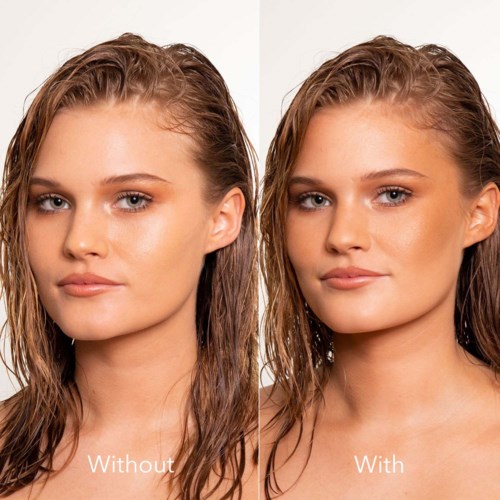 Nebeneinander Bilder zeigen das Gesicht einer Frau, ohne und mit Make-up.