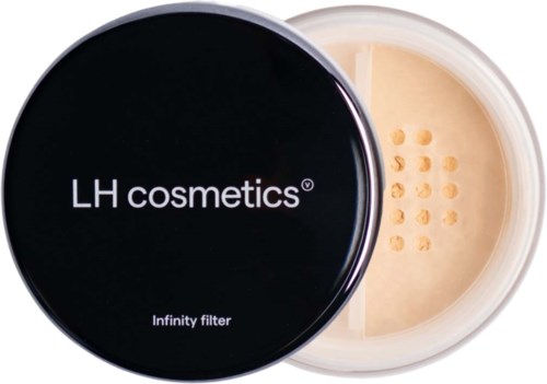 Black container lid labeled LH cosmetics and Infinity filter. Powdered makeup inside is light beige with holes for application.