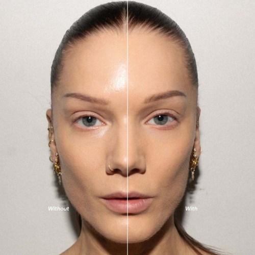 Split-faced image showing differences in skin texture and makeup with and without products.