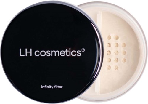 A round black lid with white text covers a container of cream or powder, labeled LH cosmetics and Infinity filter.