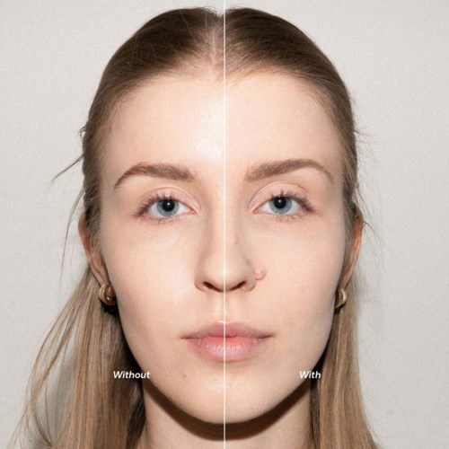 Split photo showing a woman's face before and after skincare, with clear skin and a slight change in expression.