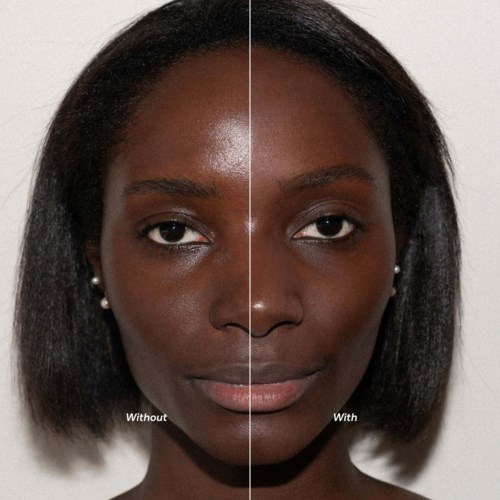 The image compares a woman's face without and with a beauty product, showing improved skin glow and smoothness.