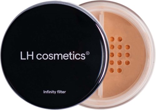 A round container of face powder with black lid labeled LH cosmetics and infinity filter. The powder is divided into two sections.
