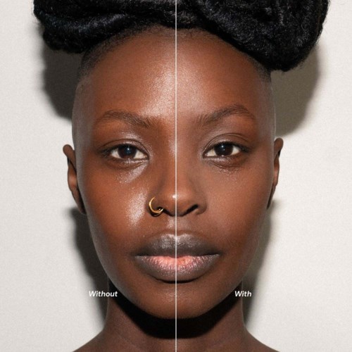 A woman with clear skin, one side with makeup and the other without, showing before and after effects.