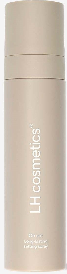 Eine weiße zylindrische Flasche mit beigem Deckel, beschriftet 'LH cosmetics' und Produktbeschreibungstext.