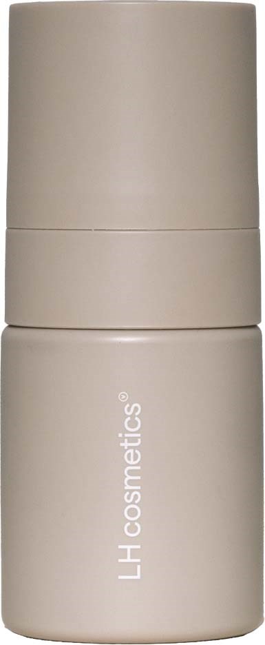 Eine beige Flasche mit der Aufschrift LH Cosmetics, sieht aus wie ein Kosmetikbehälter mit Deckel.