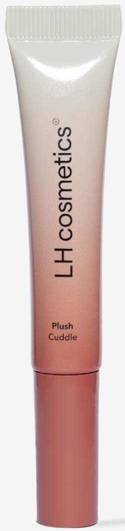 Ein Tube mit rosafarbenem und weißem Design, beschriftet 'LH cosmetics' und 'Plush Cuddle.'