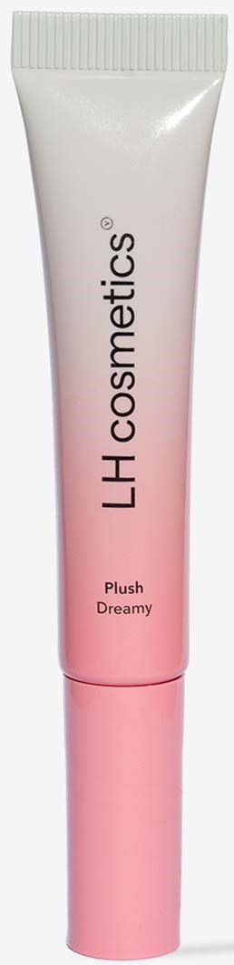 Eine Tube Hautpflegeprodukt mit der Beschriftung LH Cosmetics, genannt Plush Dreamy, mit rosa-weiem Design.