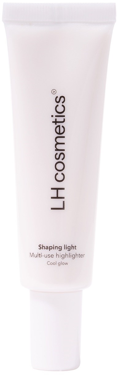 En vit tub med highlighter med svart text, som nämner 'LH cosmetics' och 'Shaping light'.