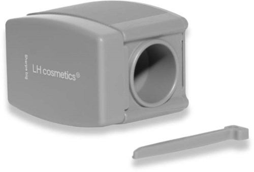 Ein graues Gerät mit einer kreisförmigen Öffnung und dem Label "LH cosmetics." Enthält ein kleines flaches Werkzeug.
