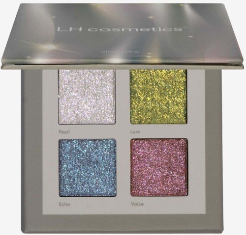 A cosmetic palette with four glittery eyeshadows in silver, green, blue, and pink.