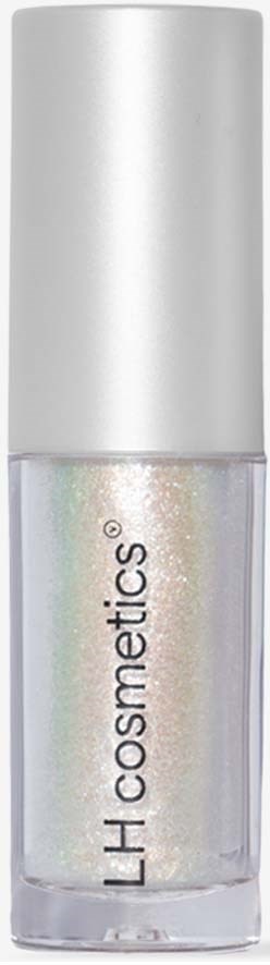 Kleines Fläschchen mit durchsichtigem, schillerndem Nagellack, weißen Deckel und Markenname 'LH cosmetics' an der Seite.