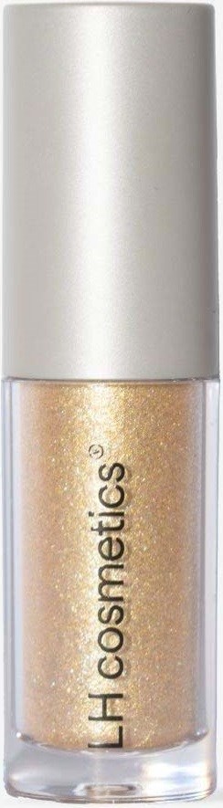 Eine Flasche mit goldfarbenem Glitzer-Lippenstift mit silberner Kappe. Marke: 'LH Cosmetics'.